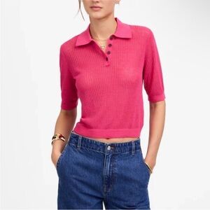 Madewell Fine Linen Short Sleeve Lotus Polo Sweater Shirt Top NWT bright pink